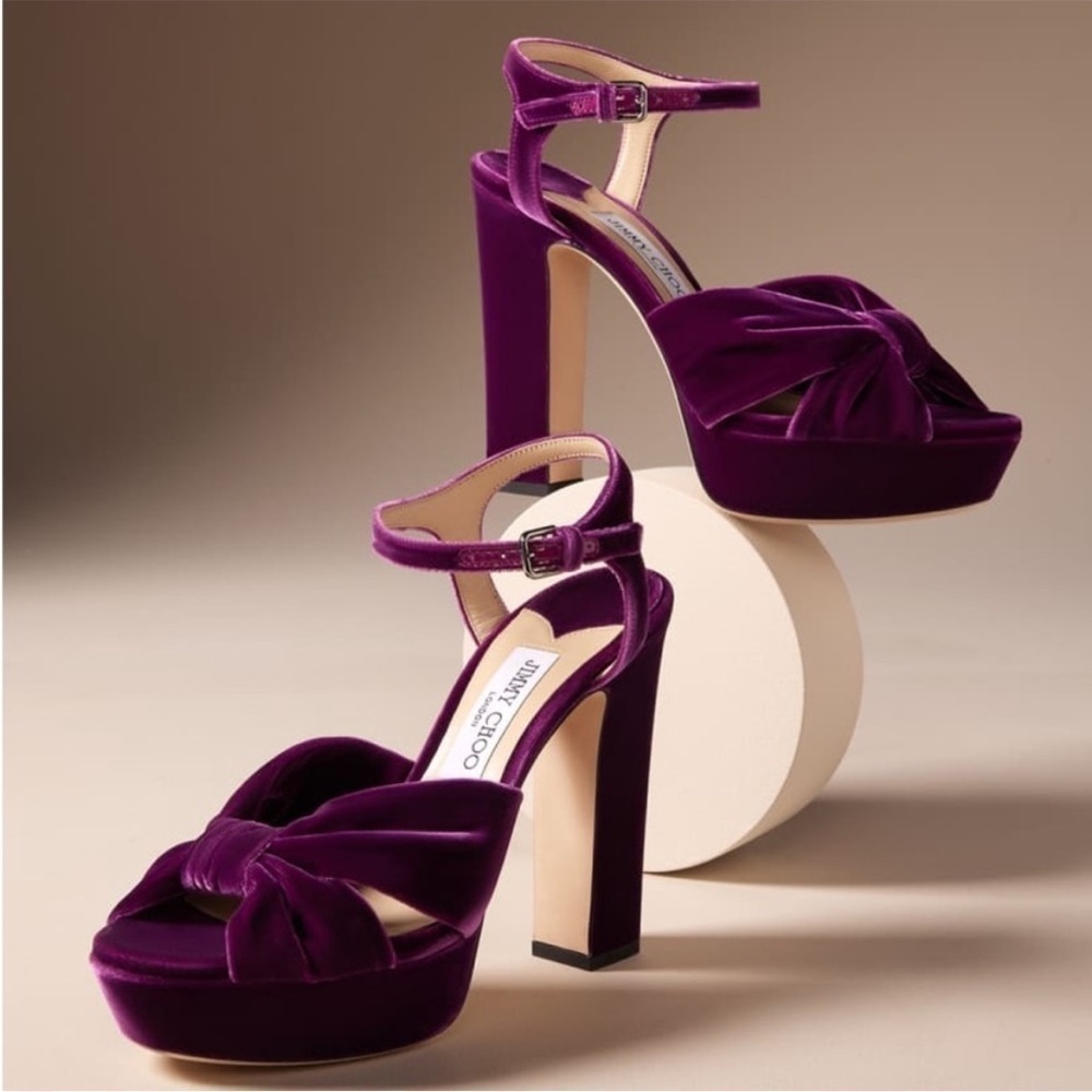 Jimmy Choo Heloise Cassis Velvet Platform Heels - Picture 3 of 11